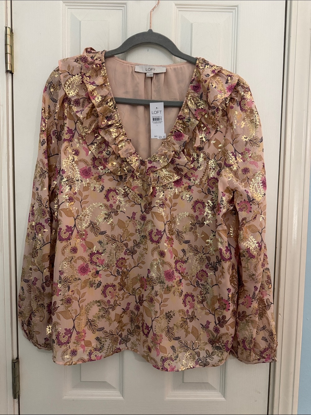 LOFT Blush Pink Floral Ruffle V-Neck Blouse with Gold Foil